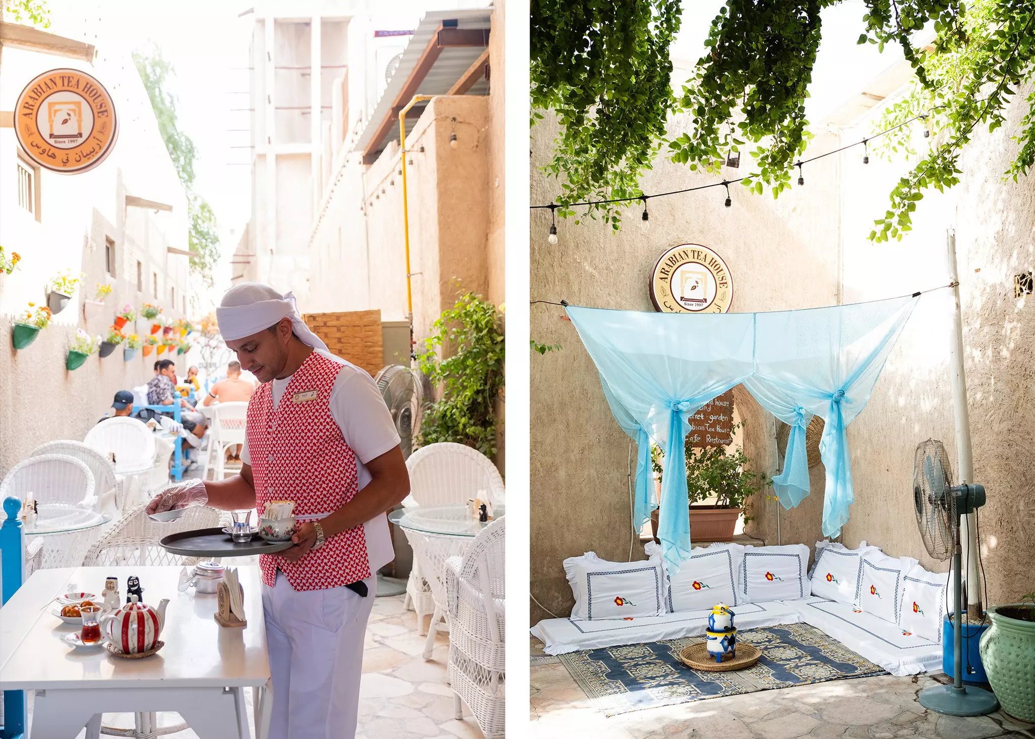 Left, a waiter clears a table in an outdoor dining setting; right, floor pillows arranged in an outdoor seating area with fabric hanging around them