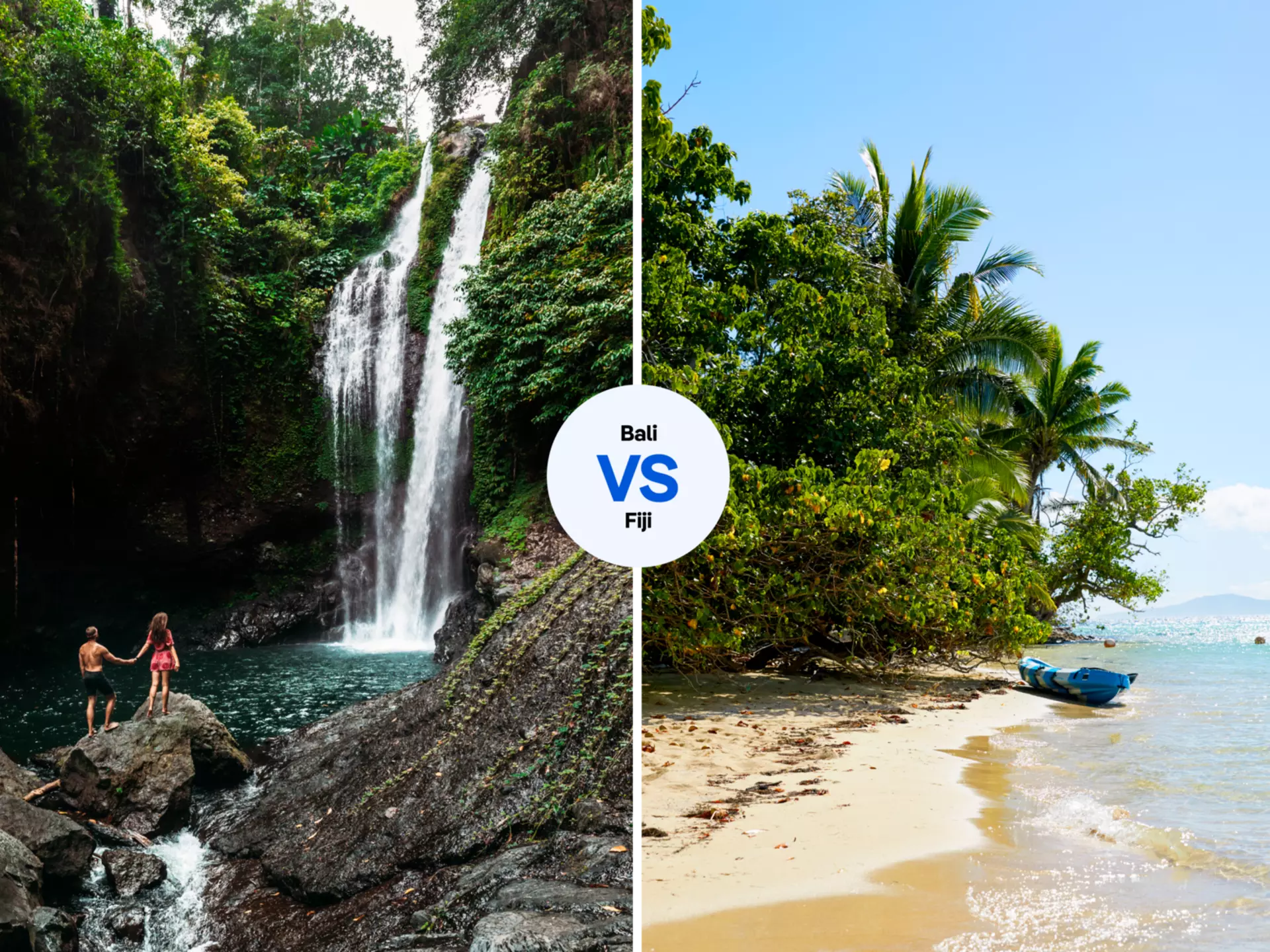 Waterfalls in the highlands of Bali, or the flat beaches of Waya Island, Fiji? Left: iStock. Right: Chris Chen for Lonely Planet
