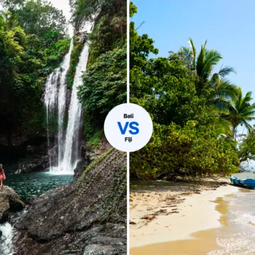 Waterfalls in the highlands of Bali, or the flat beaches of Waya Island, Fiji? Left: iStock. Right: Chris Chen for Lonely Planet
