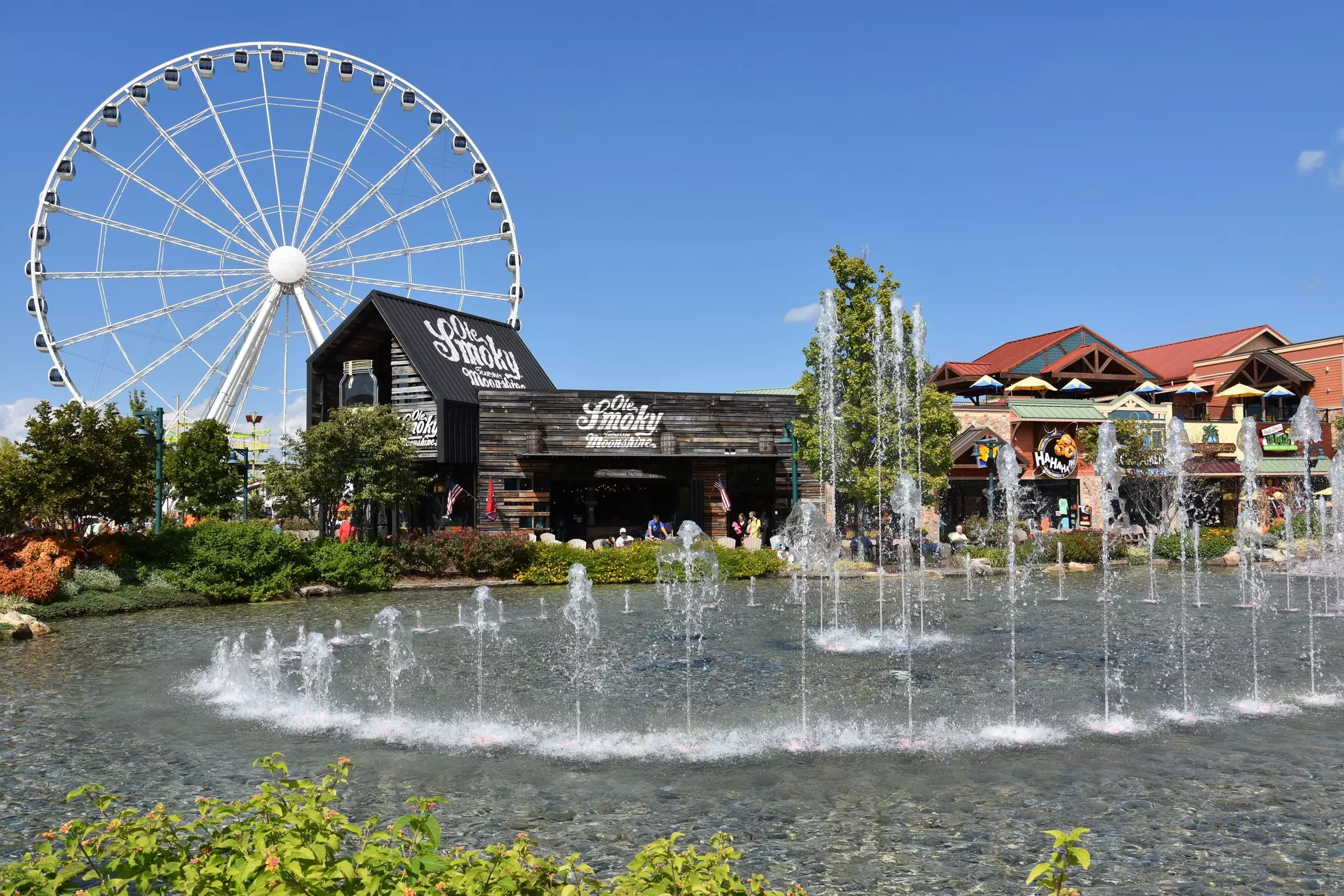 A Ferris Wheel and wooden distillery building near a fountain.