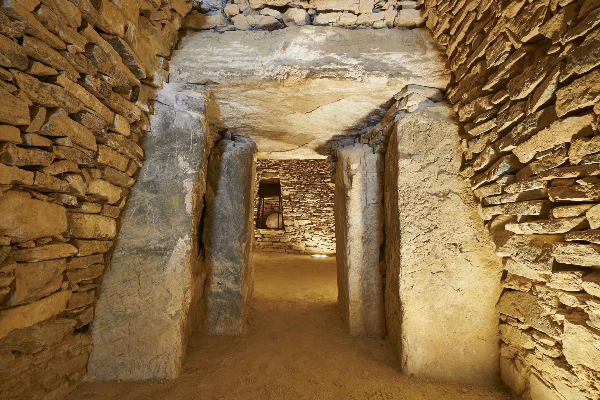 interior of the Dolmen del Romeral (tholos El Romeral) megalithic monument, declared a World Heritage Site by UNESCO in Antequera, Malaga. Andalusia, Spain