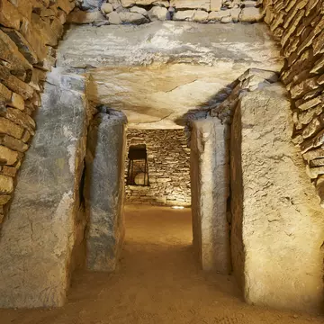 interior of the Dolmen del Romeral (tholos El Romeral) megalithic monument, declared a World Heritage Site by UNESCO in Antequera, Malaga. Andalusia, Spain