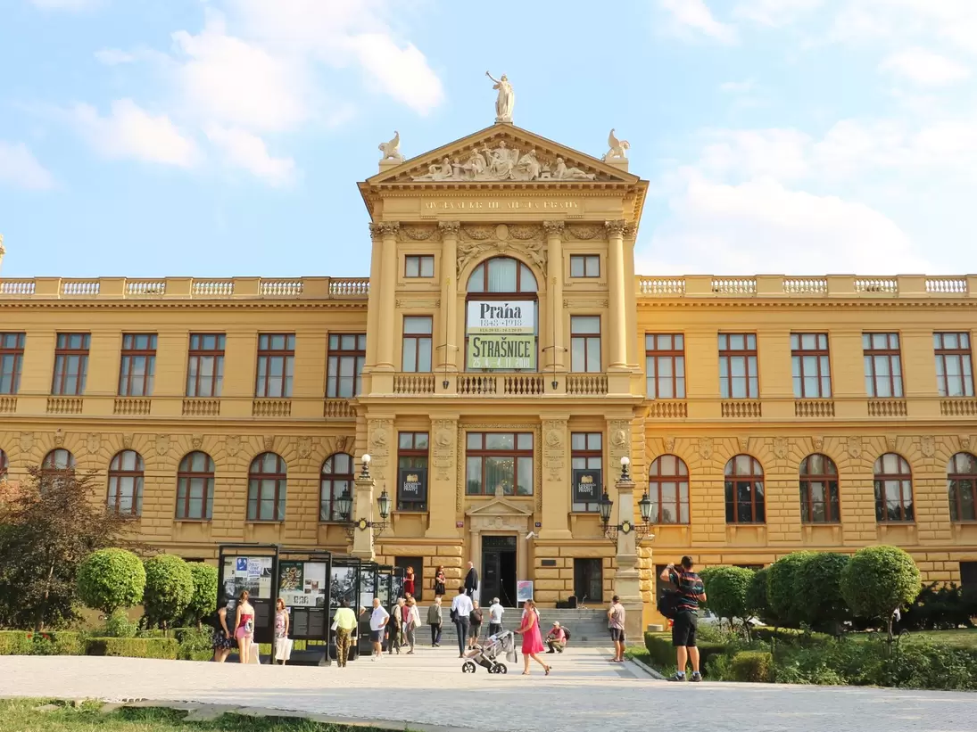 Exterior of Prague City Museum in Prague, Czech Republic. Visitors and pedestrians right outside.