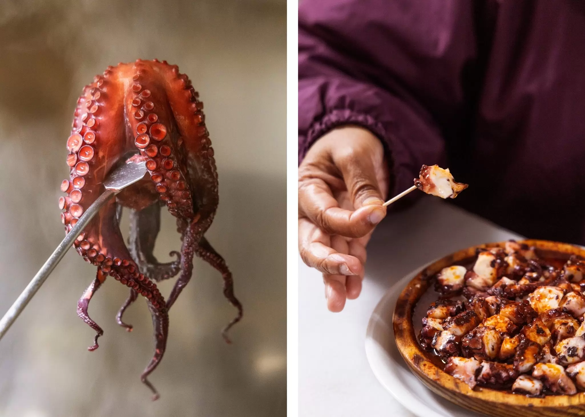 Left: detail of an octopus being prepared to eat; right: a hand uses a cocktail stick to sample some of a dish: food in Spain