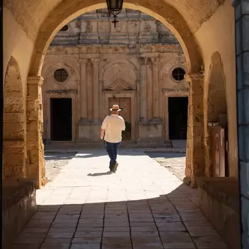 A man wearing a fedora walks into the Monastery Arkadi in Rethimno, Crete, Greece.