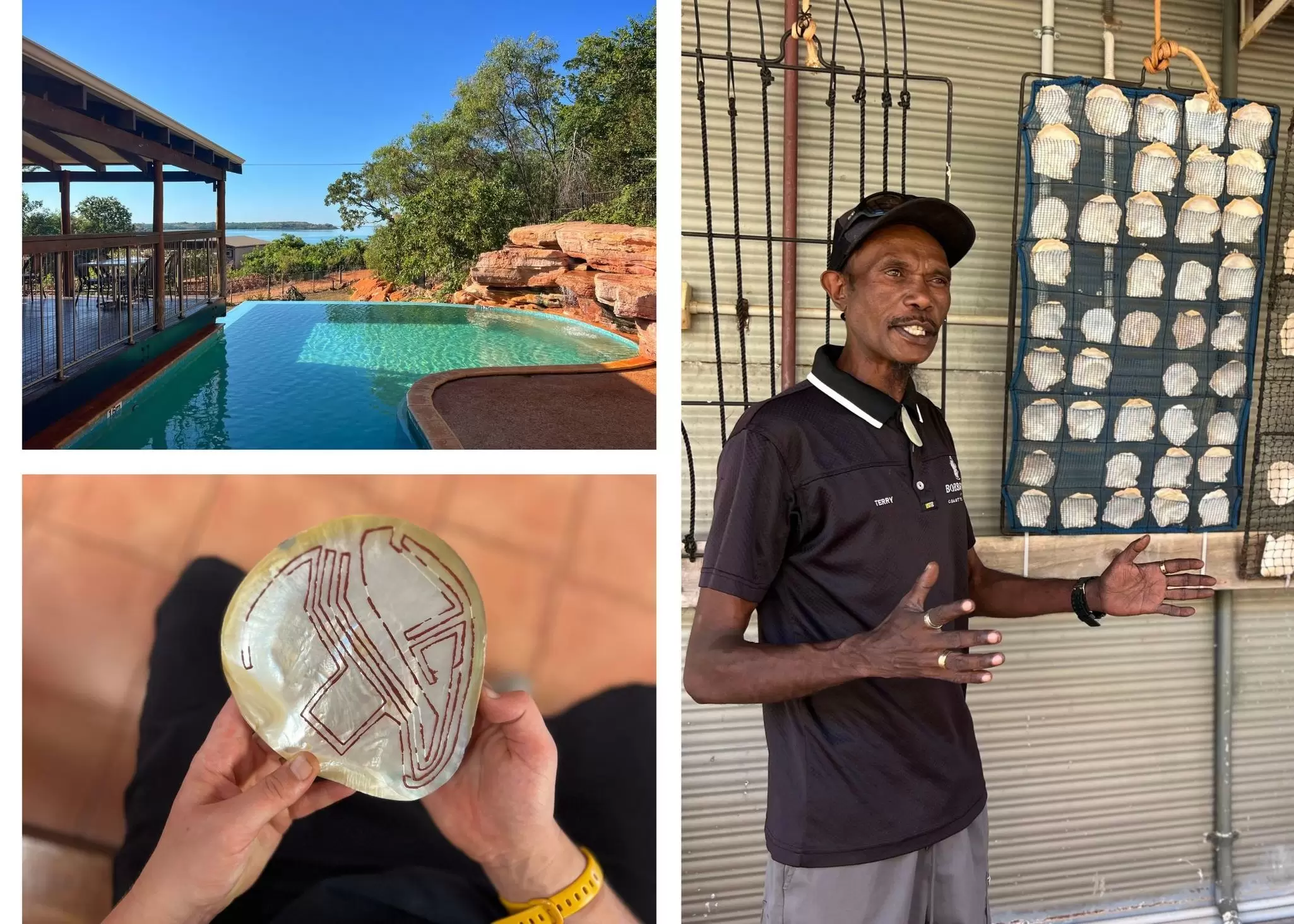 Collage: Clockwise from left: The infinity pool at Cygnet Bay Pearl Farm. Terry Hunter, a 4th generation pearler and Bardi man. Carved oyster pearl shell or riji