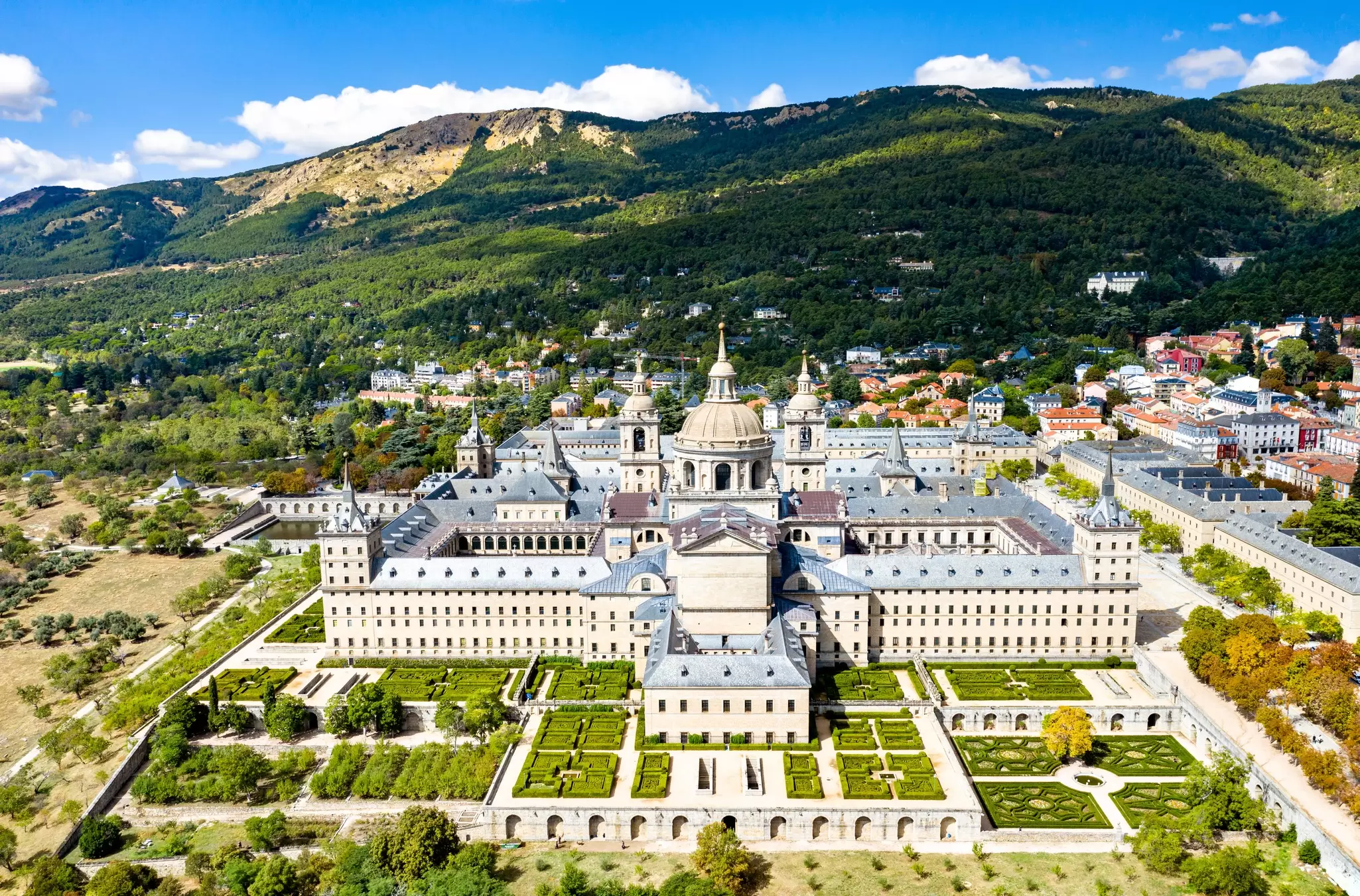 Aerial view of the Real Monasterio de San Lorenzo complex near Madrid, Spain.