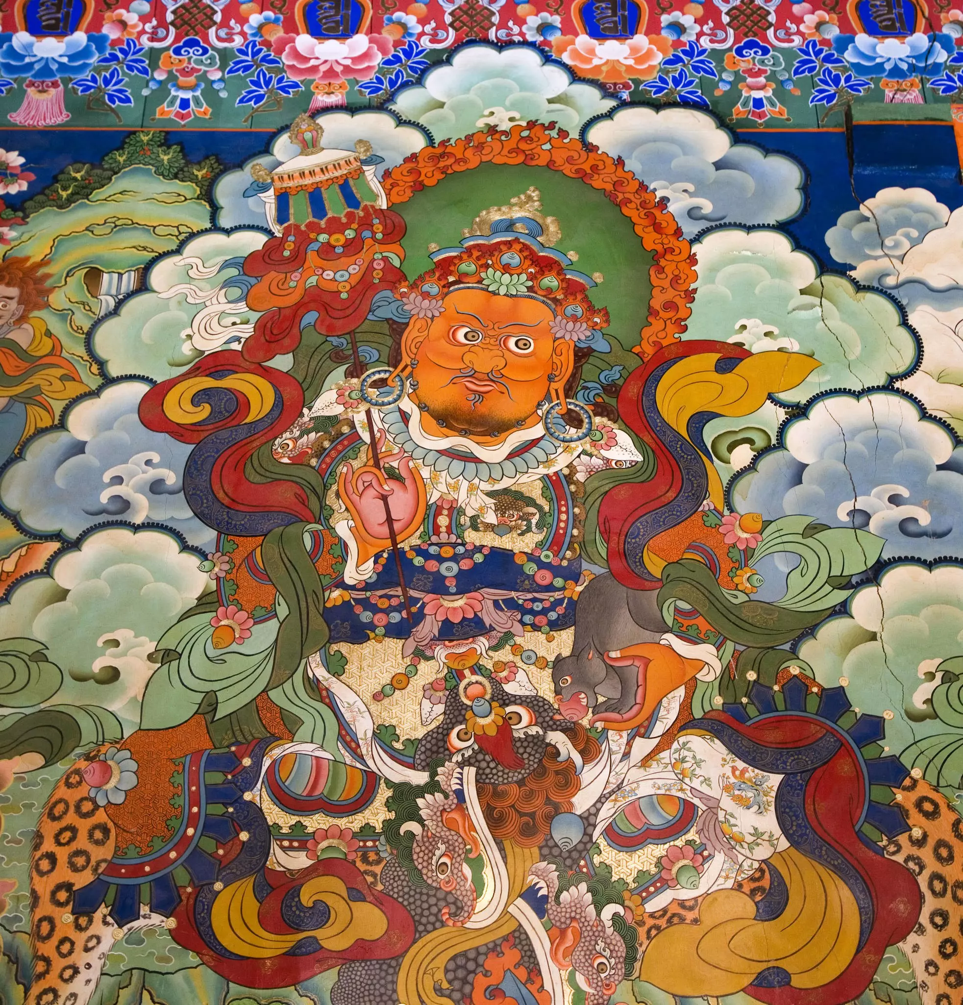 Buddhist art on the walls of Drepung Monastery on the Gambo Utse mountain, near Lhasa.