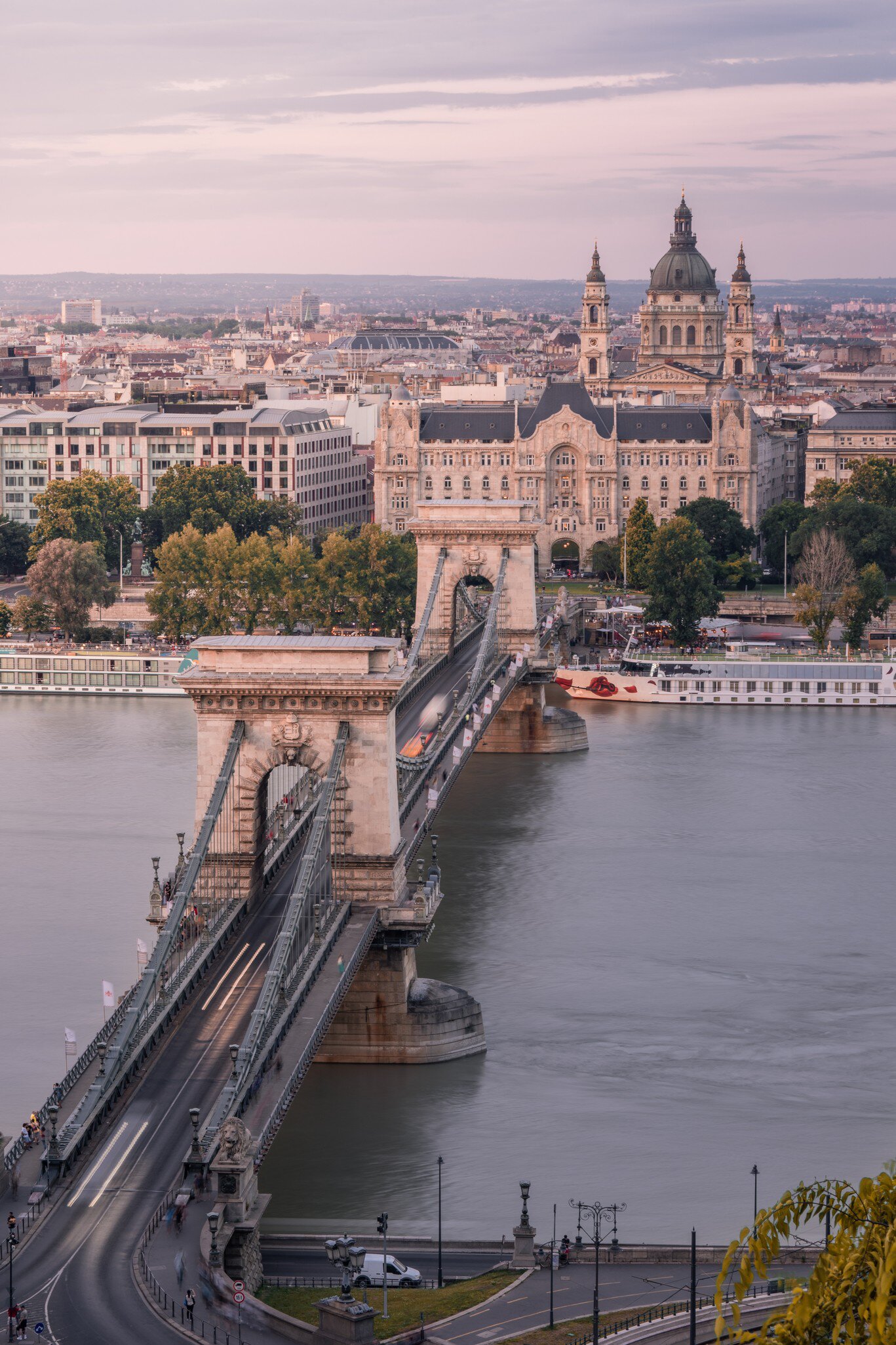 Aerial view of the Széchenyi Chain Bridge crossing the Danube river in Budapest, Hungary.
