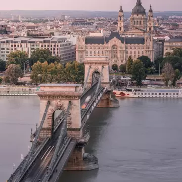Aerial view of the Széchenyi Chain Bridge crossing the Danube river in Budapest, Hungary.