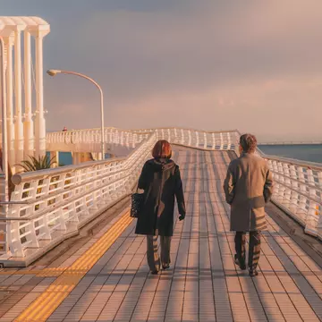 People walking on a boardwalk by water at sunset.