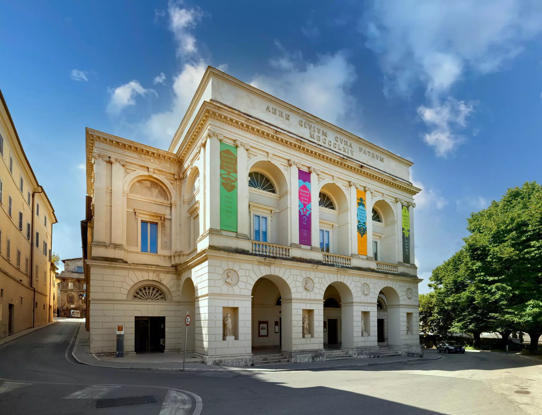The frontage of the Teatro Gian Carlo Menotti in Spoleto, Italy.