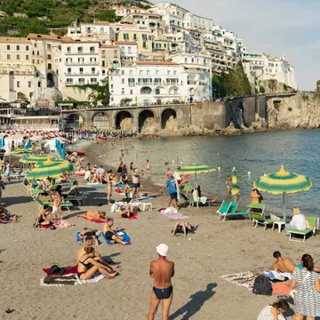 The beach at the Marina Grande in Amalfi, Italy. July 2025.
