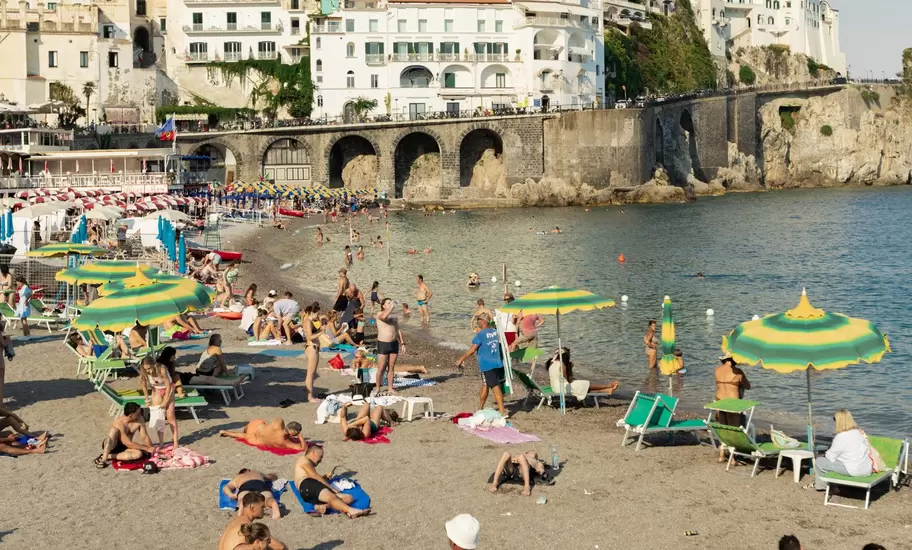 The beach at the Marina Grande in Amalfi, Italy. July 2025.