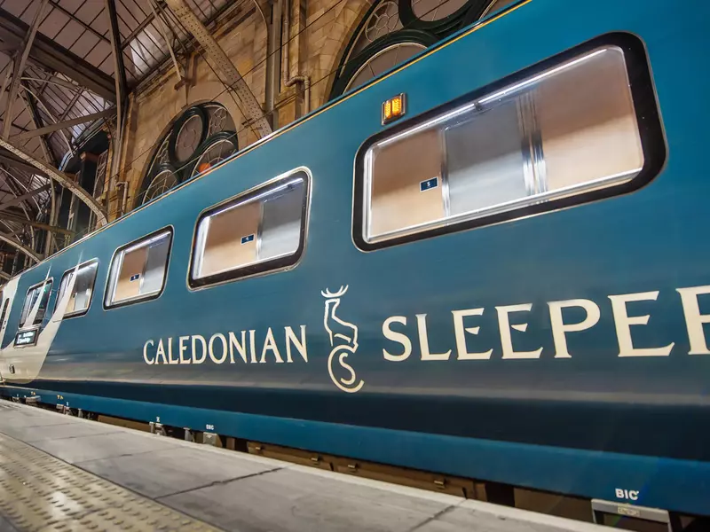 The Caledonian Sleeper's signature blue exterior. 