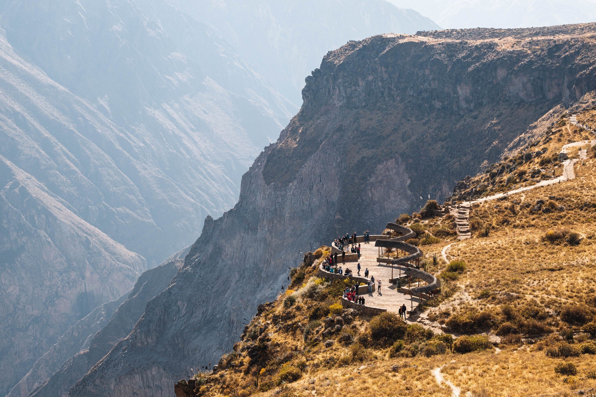 View of the famous Mirador Cruz del Cóndor near the Colca Canyon in Peru.