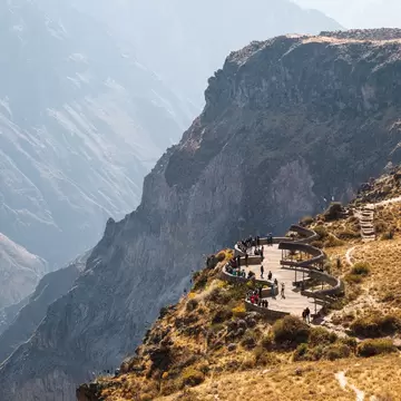 View of the famous Mirador Cruz del Cóndor near the Colca Canyon in Peru.