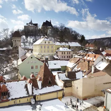 Overview of walled town of Sighisoara, birthplace of Vlad Dracula.