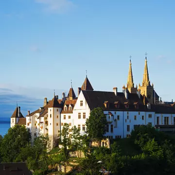 Switzerland, Neuchatel, View of castle and cathedral