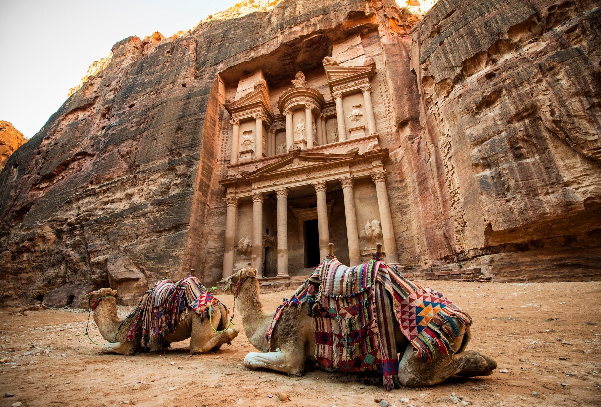 Bedouin camels resting near the treasury of Al Khazneh in Petra.