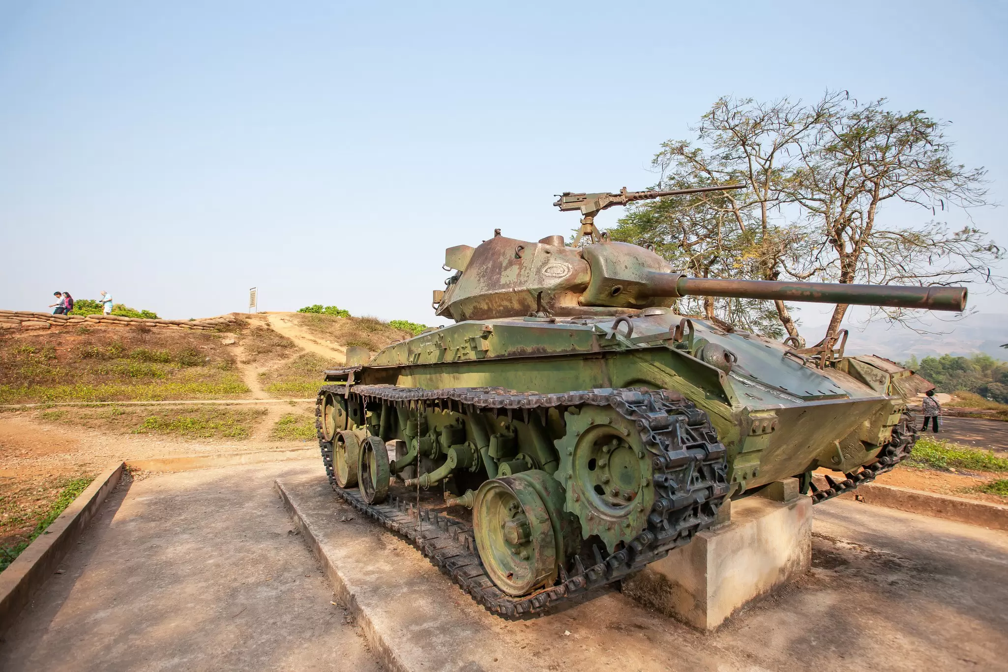 Old tank on display at the memorial site of A1 hill, the most important camp of the French colonists in Dien Bien Phu during the first Indochina War in 1954.