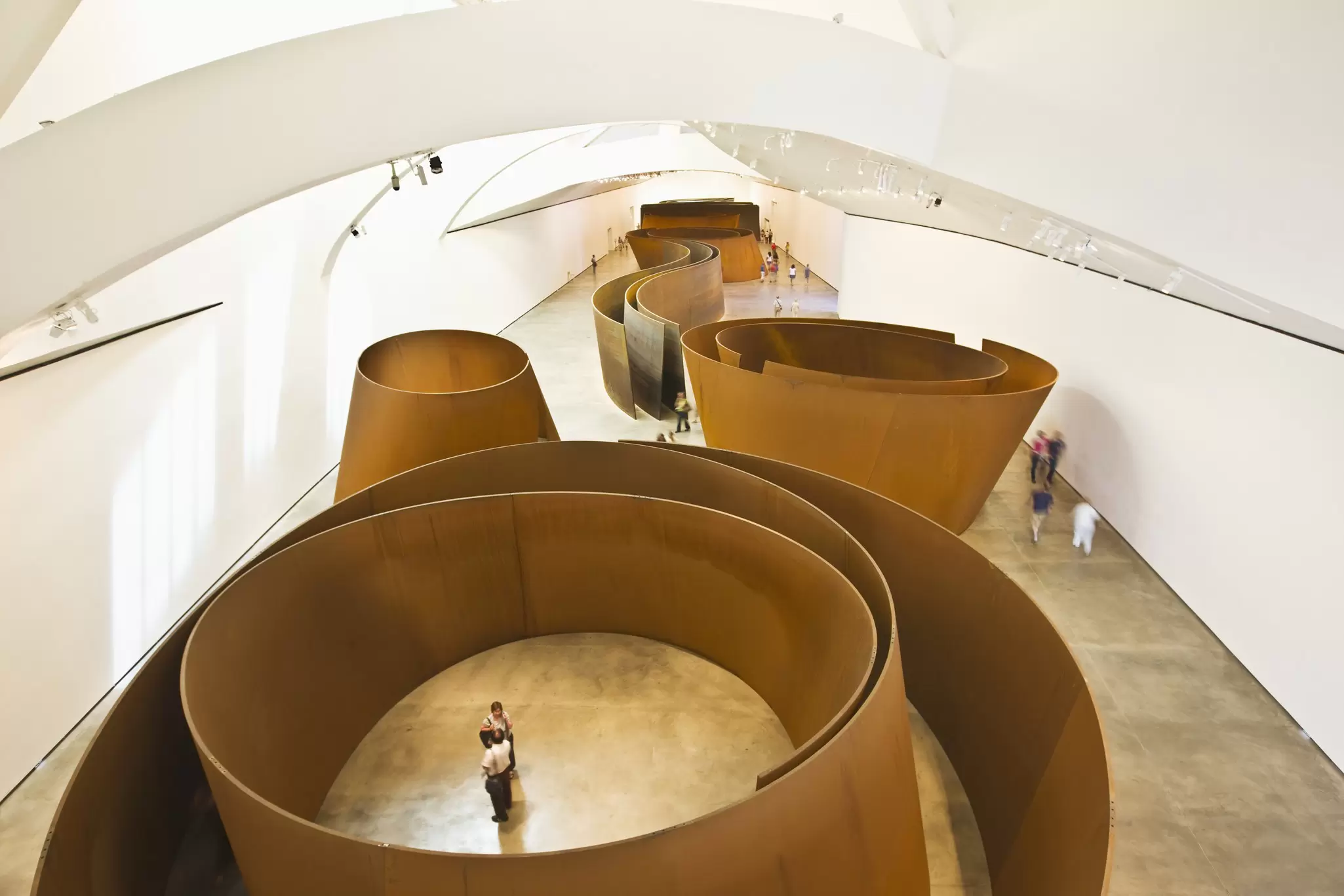 Aerial view of 'The Matter of Time', a steel sculpture by Richard Serra at the Museo Guggenheim in Bilbao, Spain.