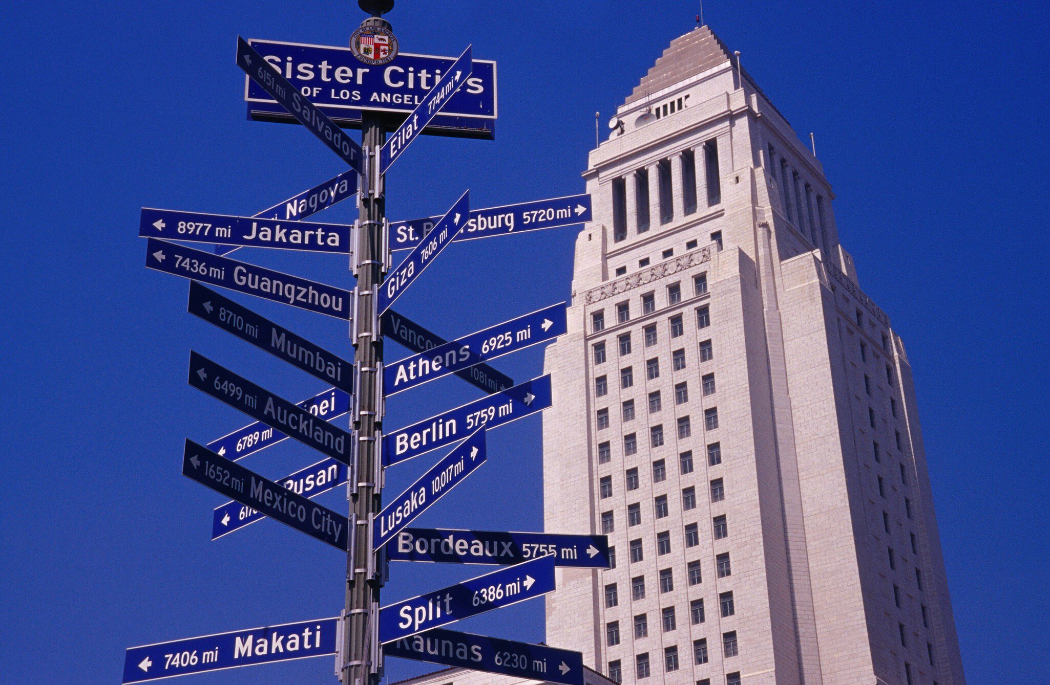 City Hall and Sister Cities sign in downtown.
22400-12
California, Los Angeles, North America, United States, architecture, building, city hall, day, direction, far, government building, high-rise, low angle view, no people, outdoors, pole, proximity, sign, sky