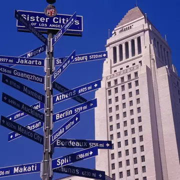 City Hall and Sister Cities sign in downtown.
22400-12
California, Los Angeles, North America, United States, architecture, building, city hall, day, direction, far, government building, high-rise, low angle view, no people, outdoors, pole, proximity, sign, sky