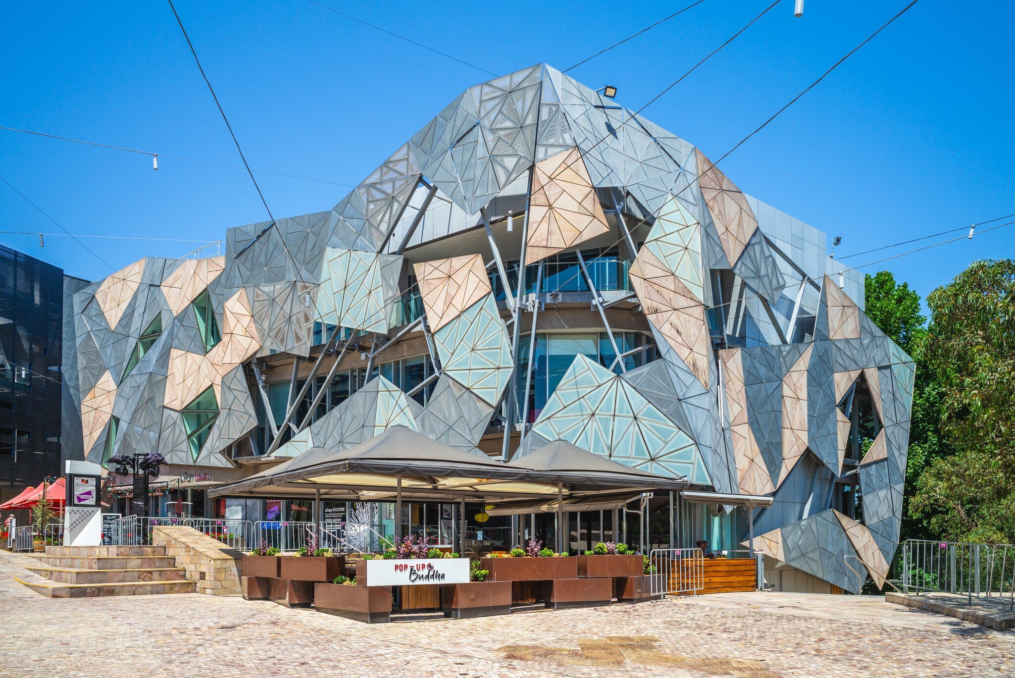 Exterior of the Australian Centre for the Moving Image at Federation Square in Melbourne, Victoria, Australia. It is an Australia's national museum of film, video games, digital culture and art.