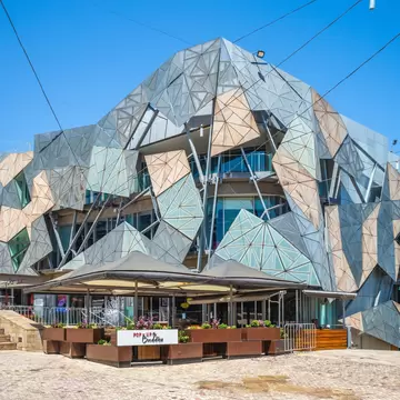 Exterior of the Australian Centre for the Moving Image at Federation Square in Melbourne, Victoria, Australia. It is an Australia's national museum of film, video games, digital culture and art.