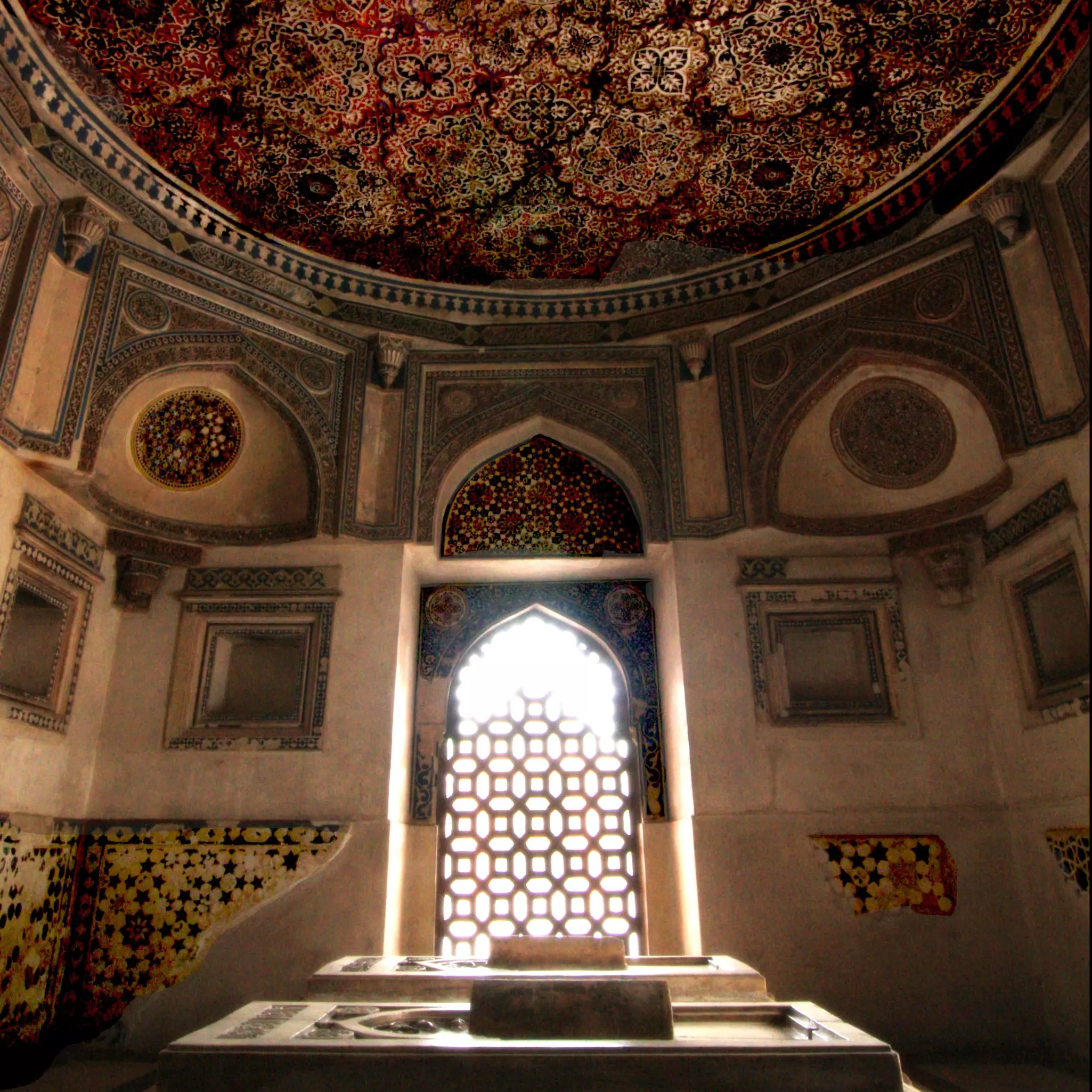 The interior of the Jamali Kamali Mosque and Tomb in Mehrauli, Delhi, India.