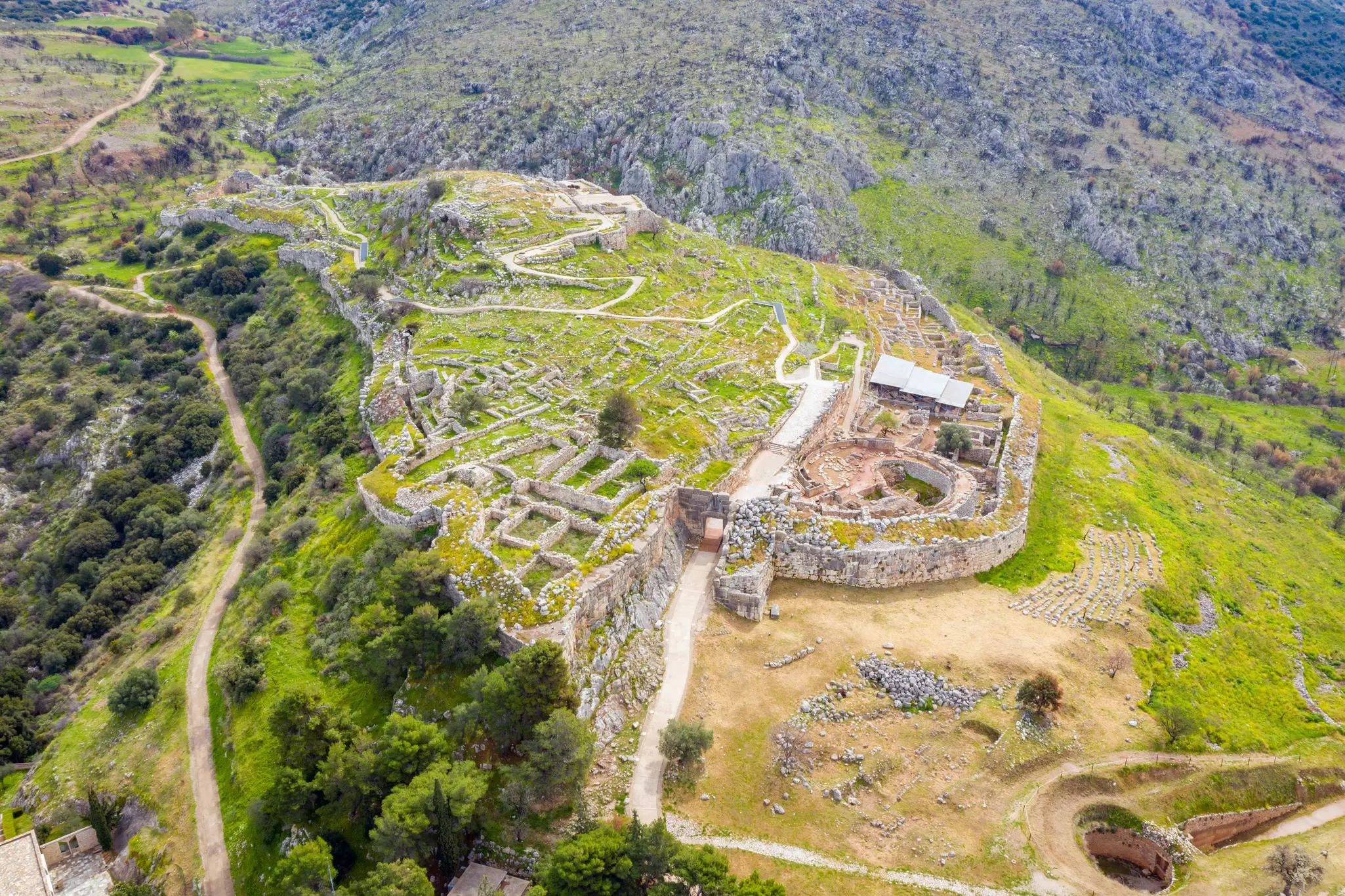 Aerial photo of the ancient site of Mycenae archaeological site in the Peloponnese, Greece.