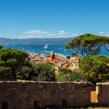 St Tropez old town with the clock tower and harbour, as seen from the citadel.