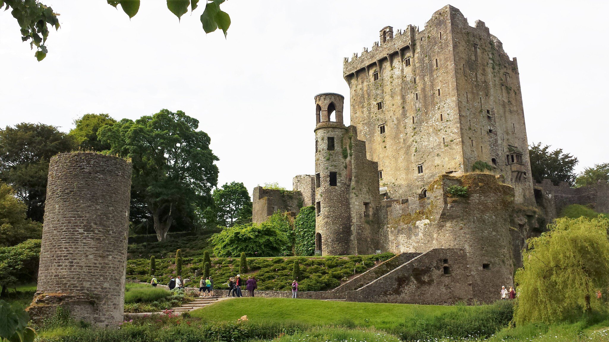 Exterior of Blarney Castle in Cork County, Ireland. Green grass and trees surrounding. 