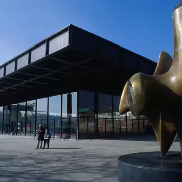 Sculpture outside Neue Nationalgalerie (New National Gallery), Tiergarten, Berlin, Germany.