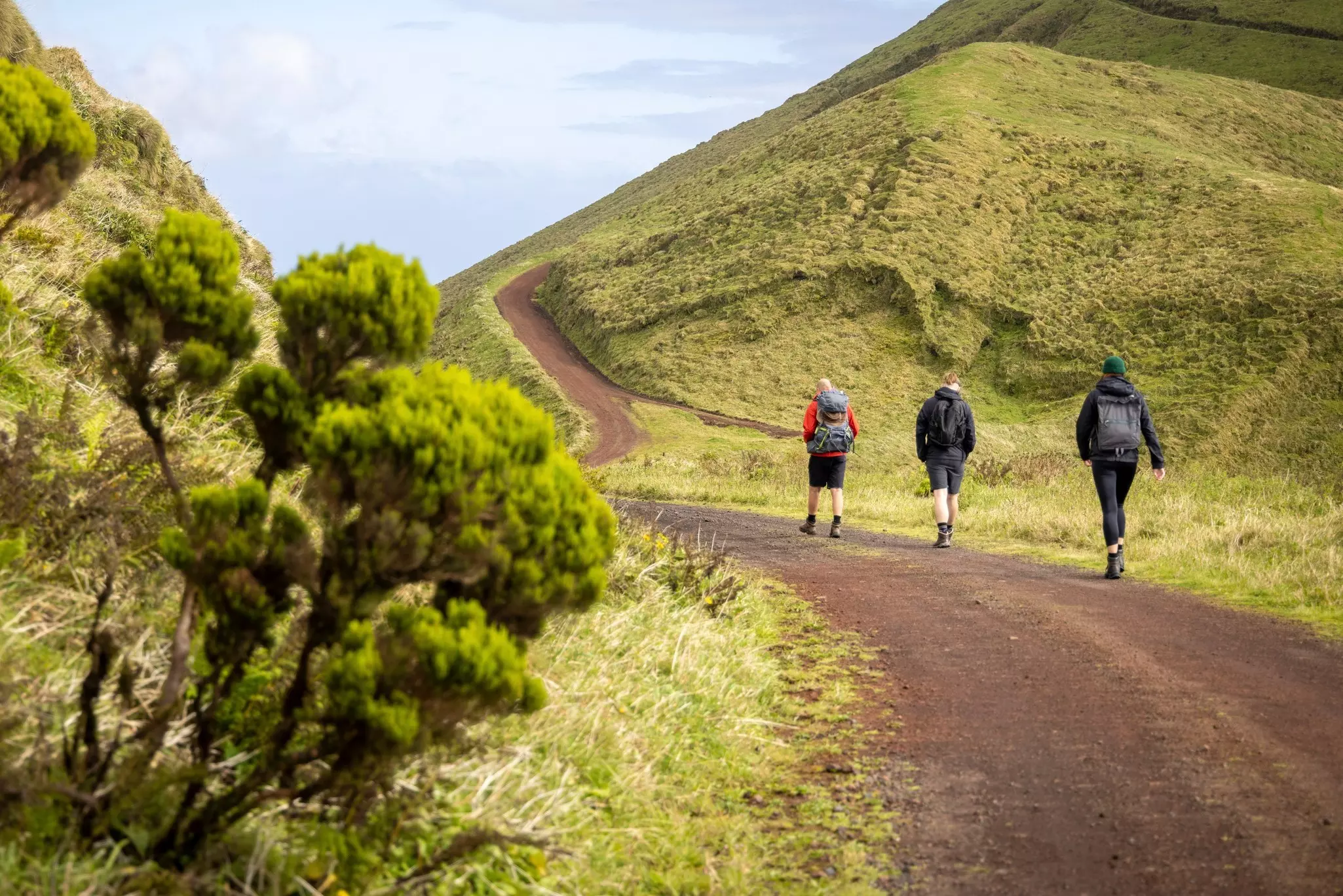 Three hikers with backpacks on a wide dirt path with a green hill in the distance on a partly sunny day.