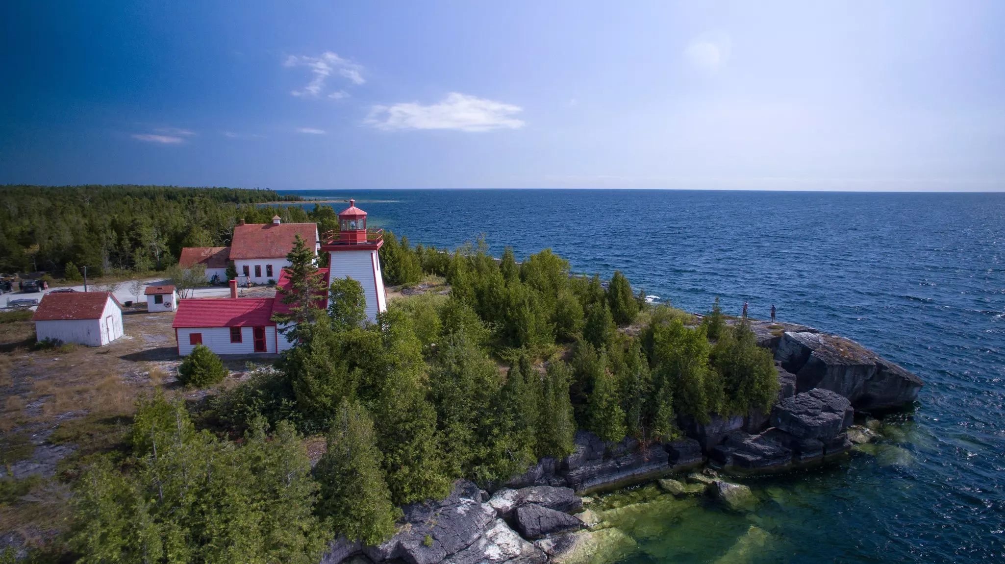Aerial view of the red and white Mississagi Lighthouse, Manitoulin Island