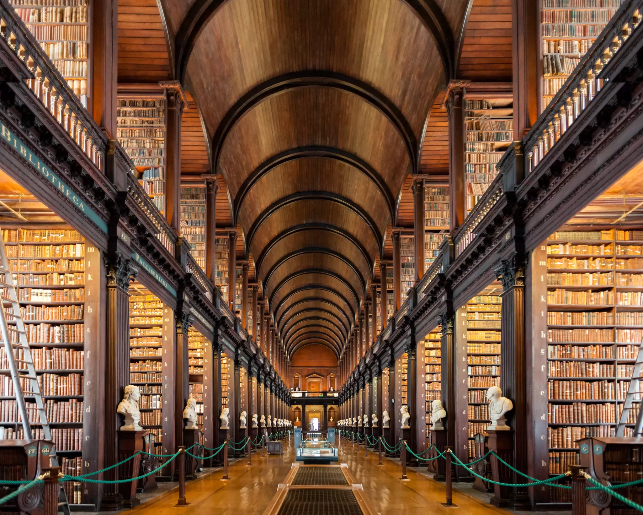 A long central corridor in a library with wooden beams and a vaulted ceiling