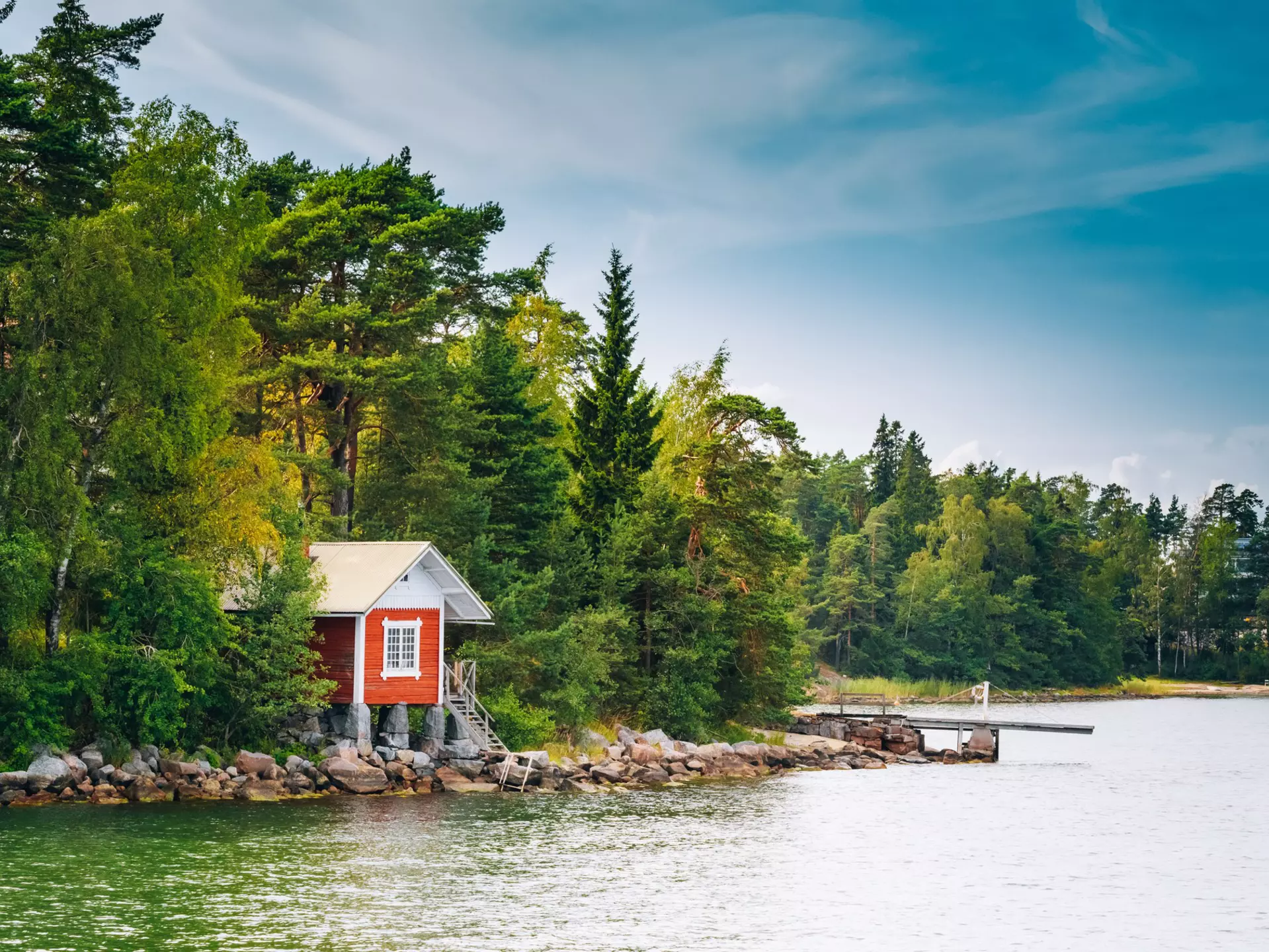 Red Finnish Wooden Bath Sauna Log Cabin In Summer