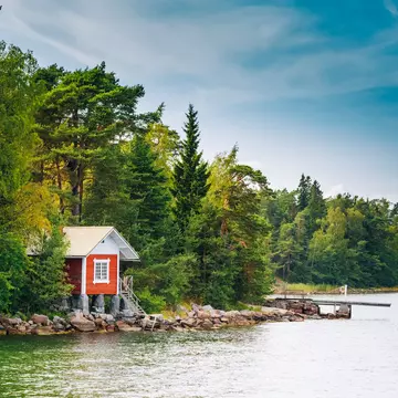 Red Finnish Wooden Bath Sauna Log Cabin In Summer