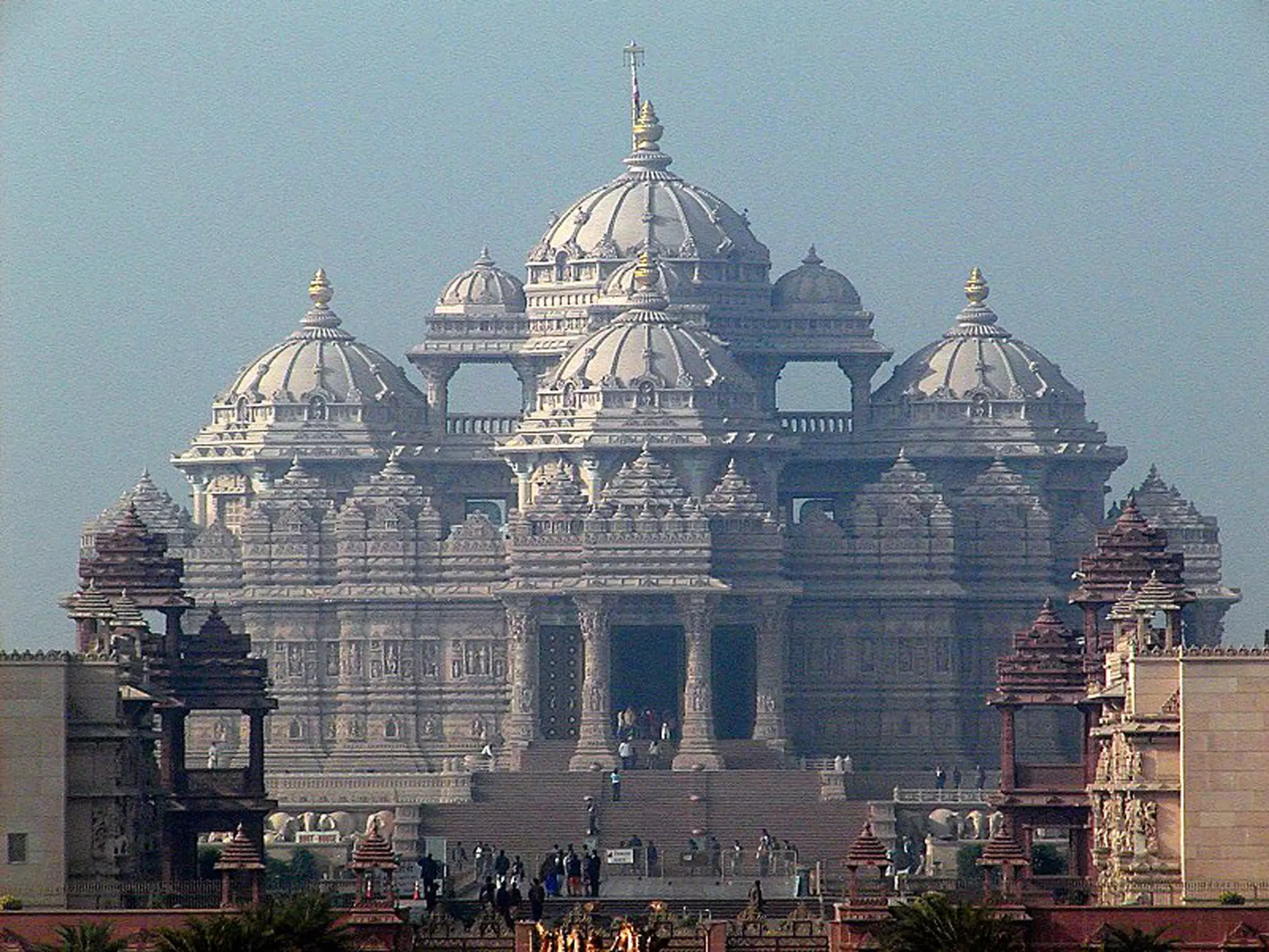 The towering domes and columns of the Akshardham Temple in Delhi, India.