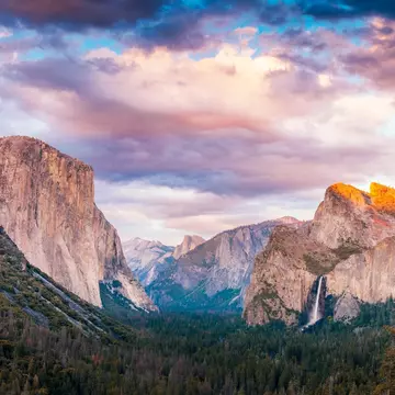 Evening view from the Tunnel View overlook in Yosemite National Park.  Seen are the icons of the park: El Capitan, Half Dome and Bridalveil Falls.