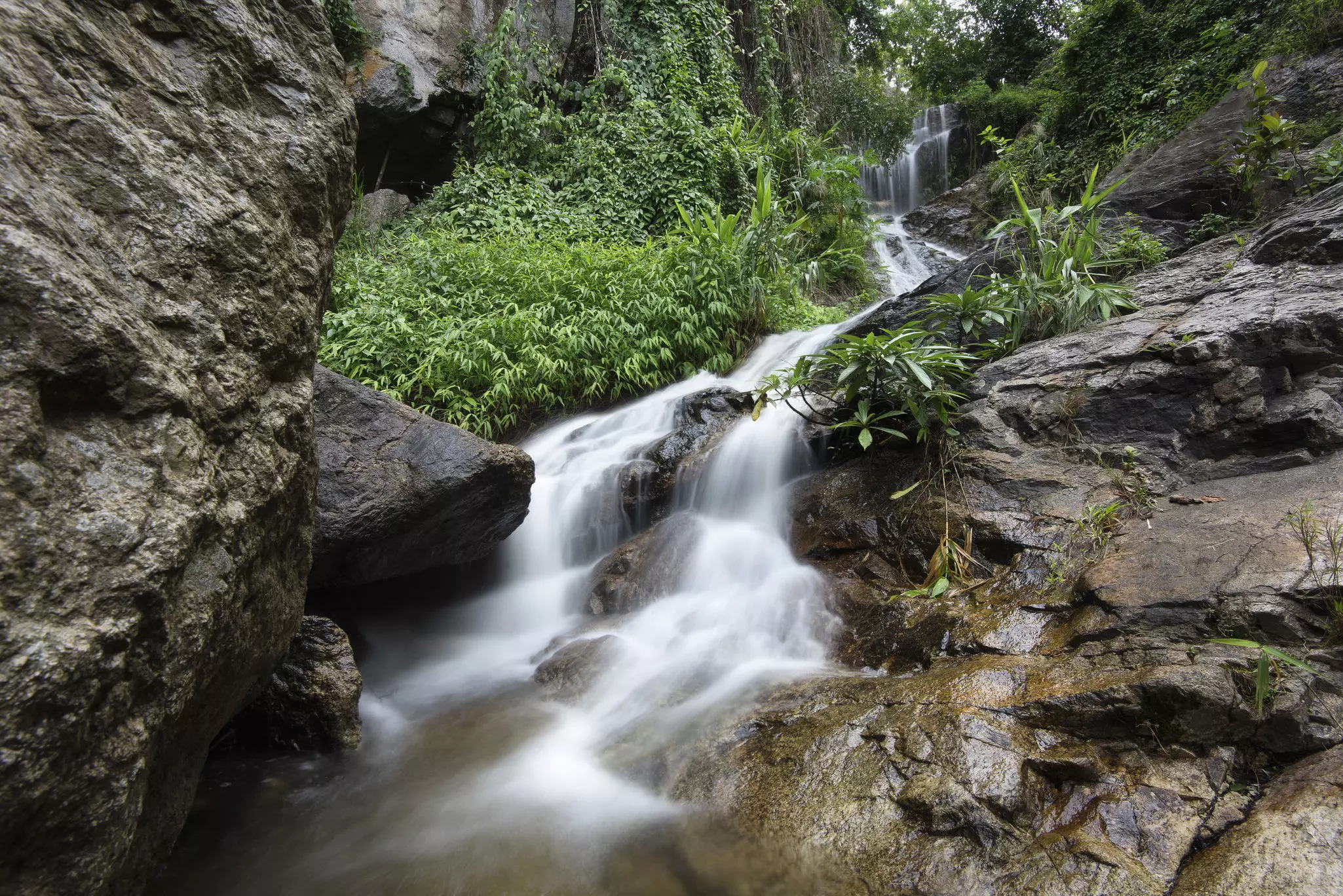 Water streaming over rocks and leaves at Huay Kaew Waterfall
