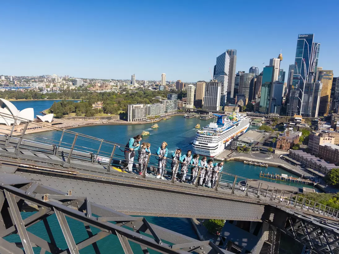 Group of people Climbing the Sydney Harbor Bridge with an Indigenous guide in Sydney, Australia. 