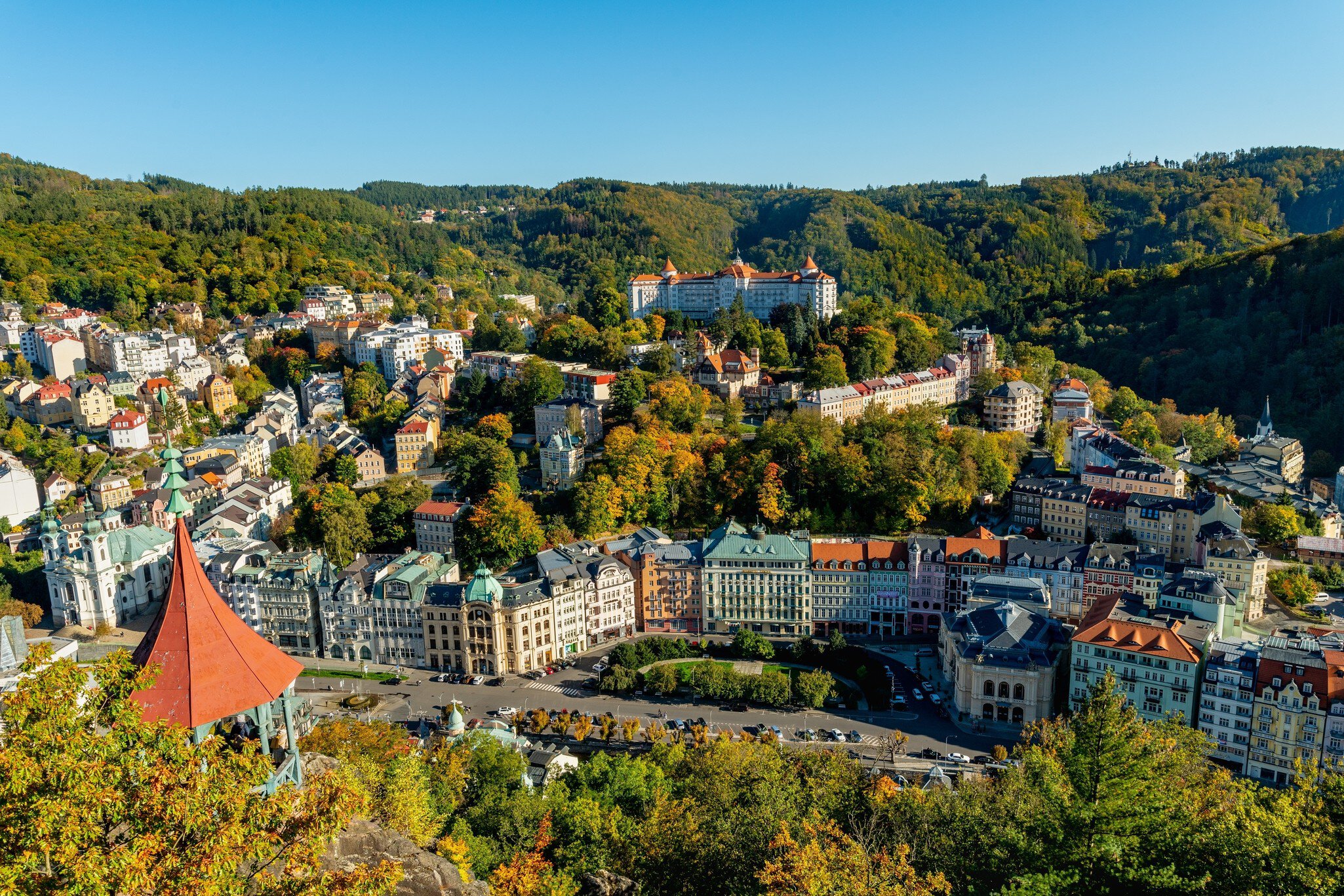 Aerial view of the great spa town Karlovy Vary (Karlsbad) - Czech Republic. One part of famous west Bohemian spa triangle (together with Frantiskovy Lazne and Marianske Lazne). 