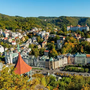 Aerial view of the great spa town Karlovy Vary (Karlsbad) - Czech Republic. One part of famous west Bohemian spa triangle (together with Frantiskovy Lazne and Marianske Lazne). 