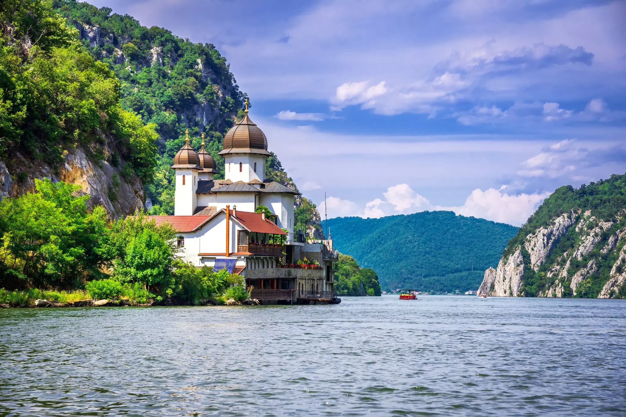 The Danube River flows through the Iron Gates gorge, Romania.