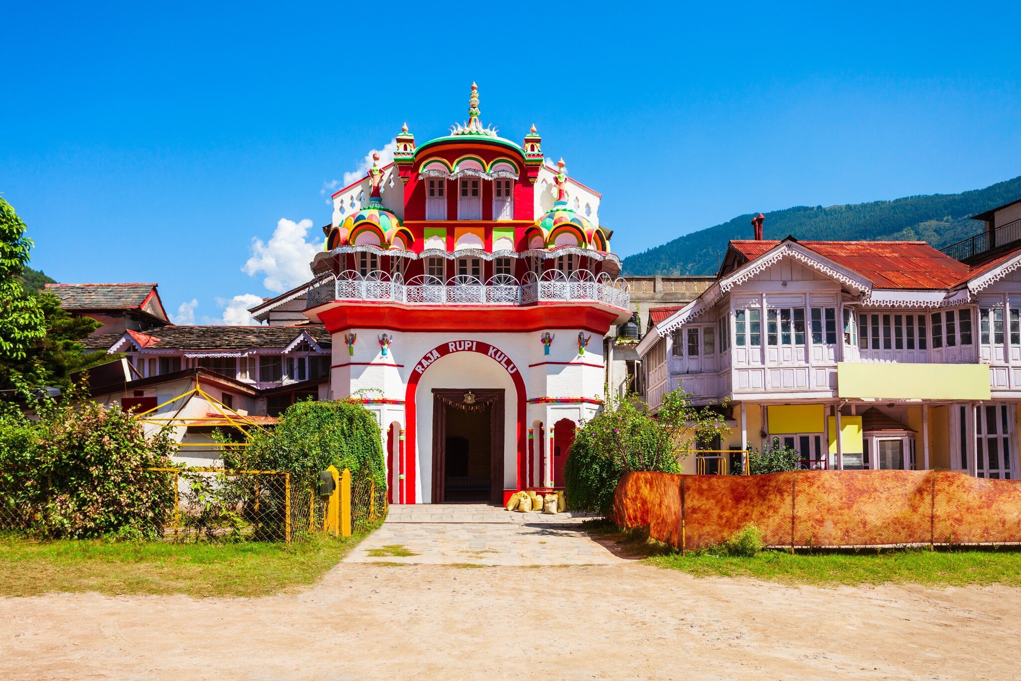 Facade of Raja Rupi Palace in Kullu town, Himachal Pradesh state in India.