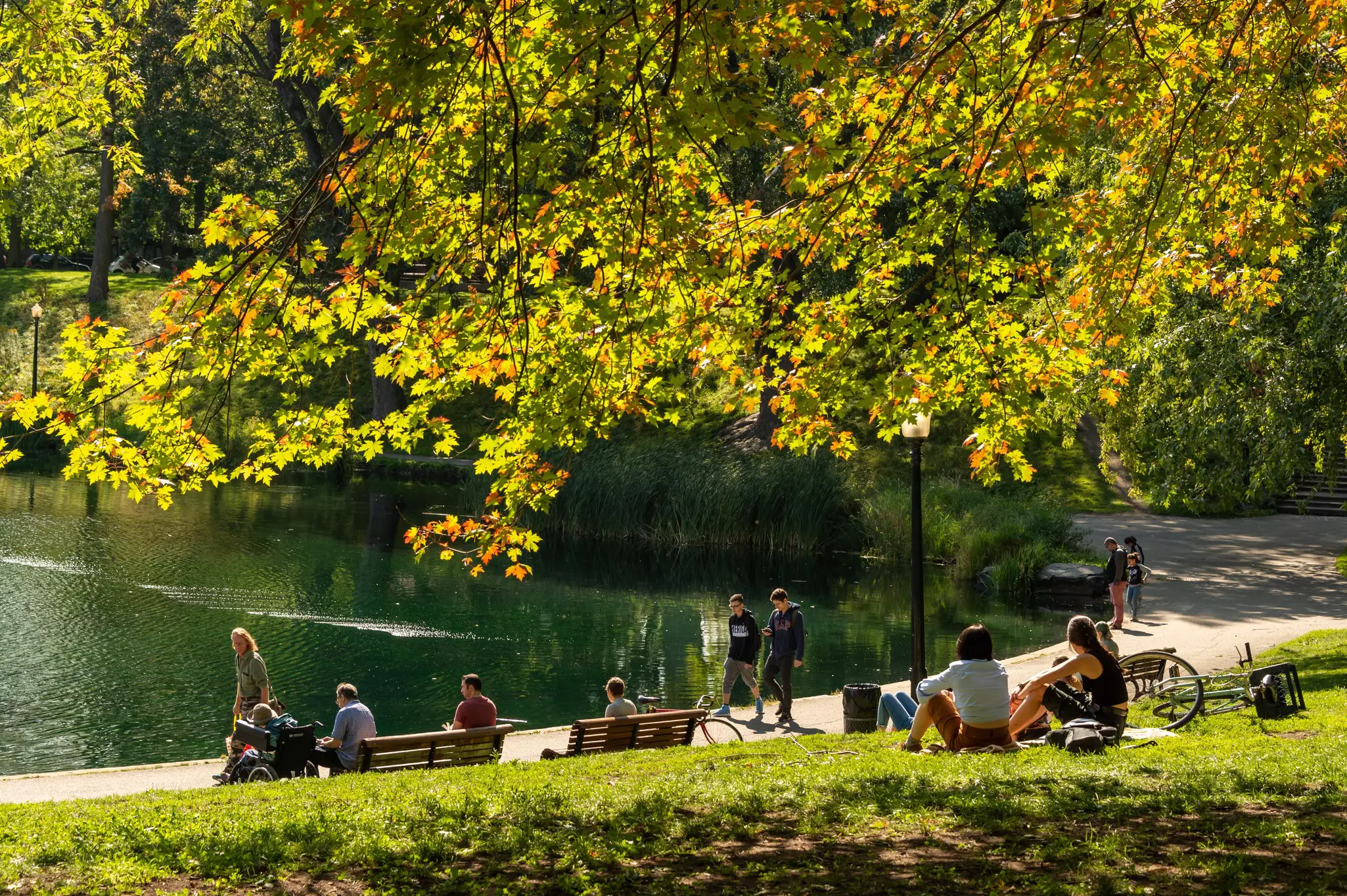 People enjoying a warm and sunny day at La Fontaine Park