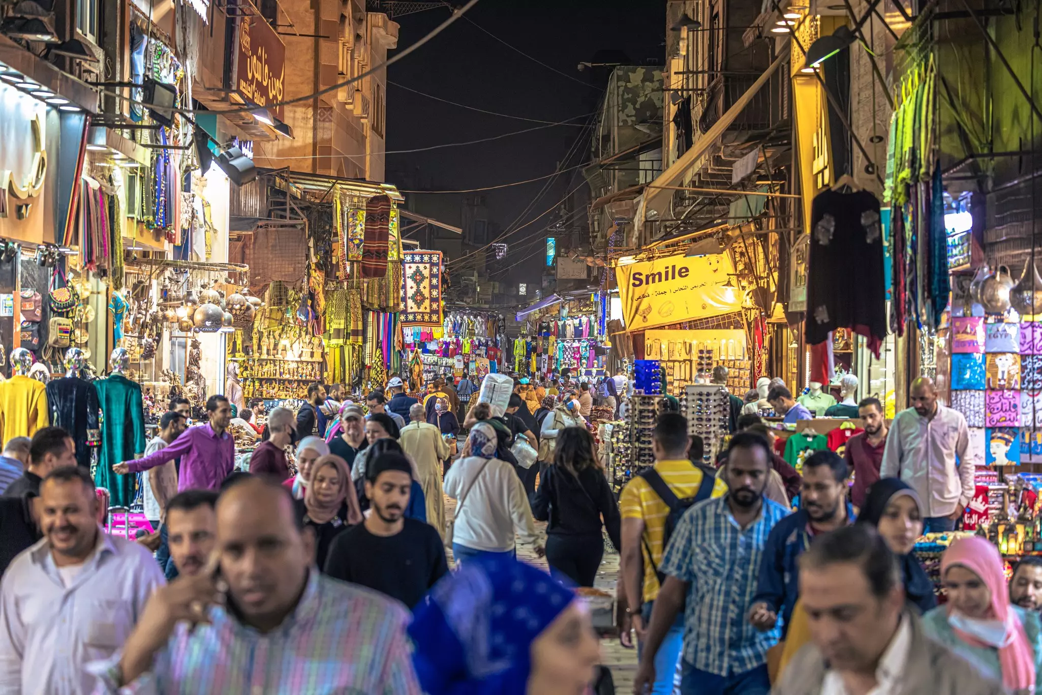 Shops and souks at night in the Grand Bazaar of Khan el-Khalili in Cairo, Egypt